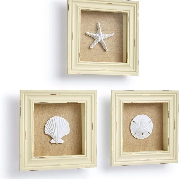 NEW Set of 3 Shell Shabby Chic Shadow Boxes- Creamy Off White Frame 7" x 7" - Picture 7 of 8